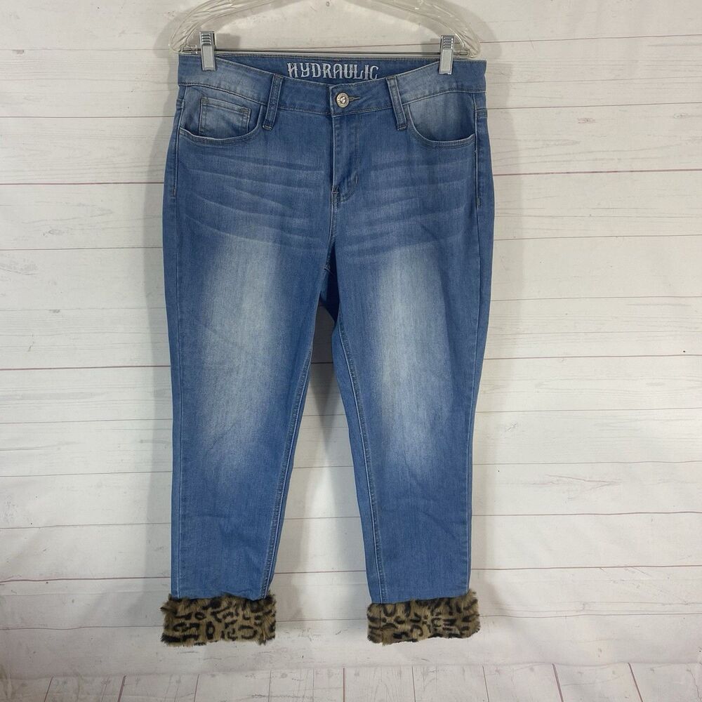 Hydraulic Womens Nolita Animal Print Faux Fur Cuff Crop Skinny Jeans Sz 10 Blue
